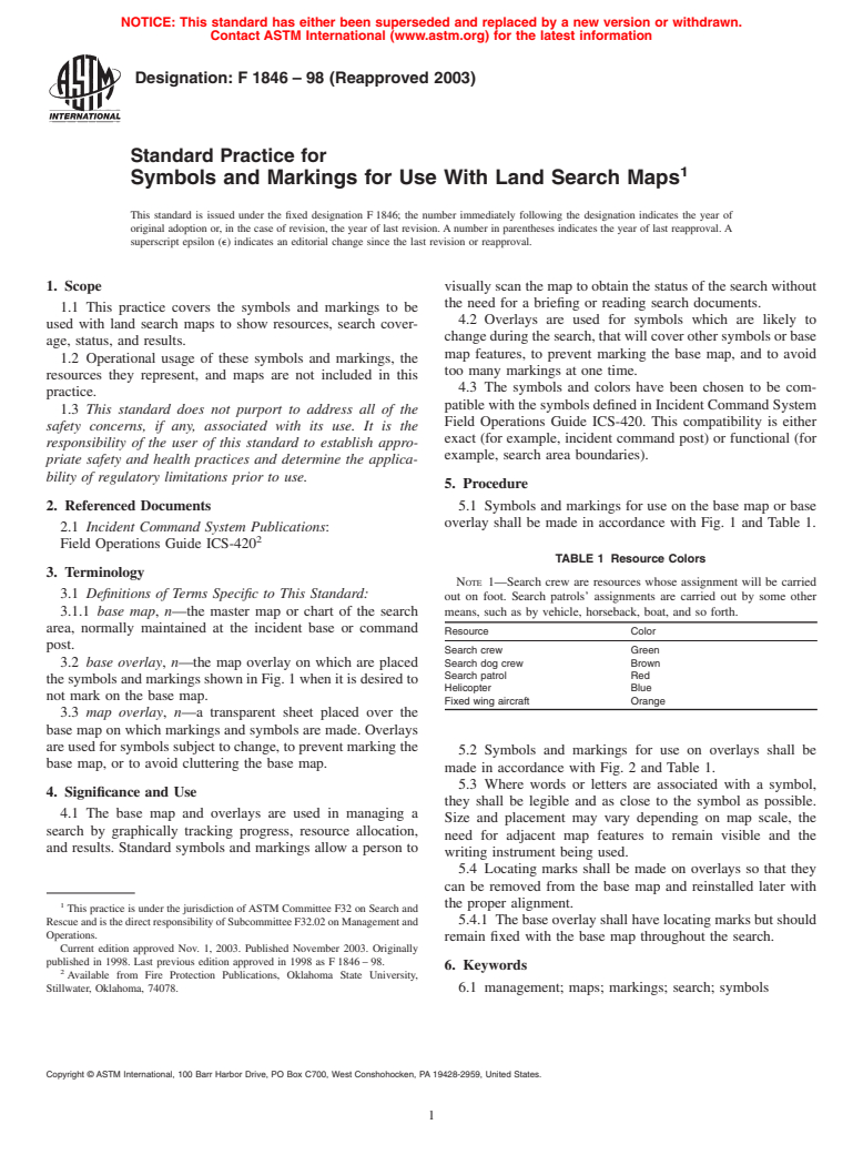 ASTM F1846-98(2003) - Standard Practice for Symbols and Markings for Use With Land Search Maps