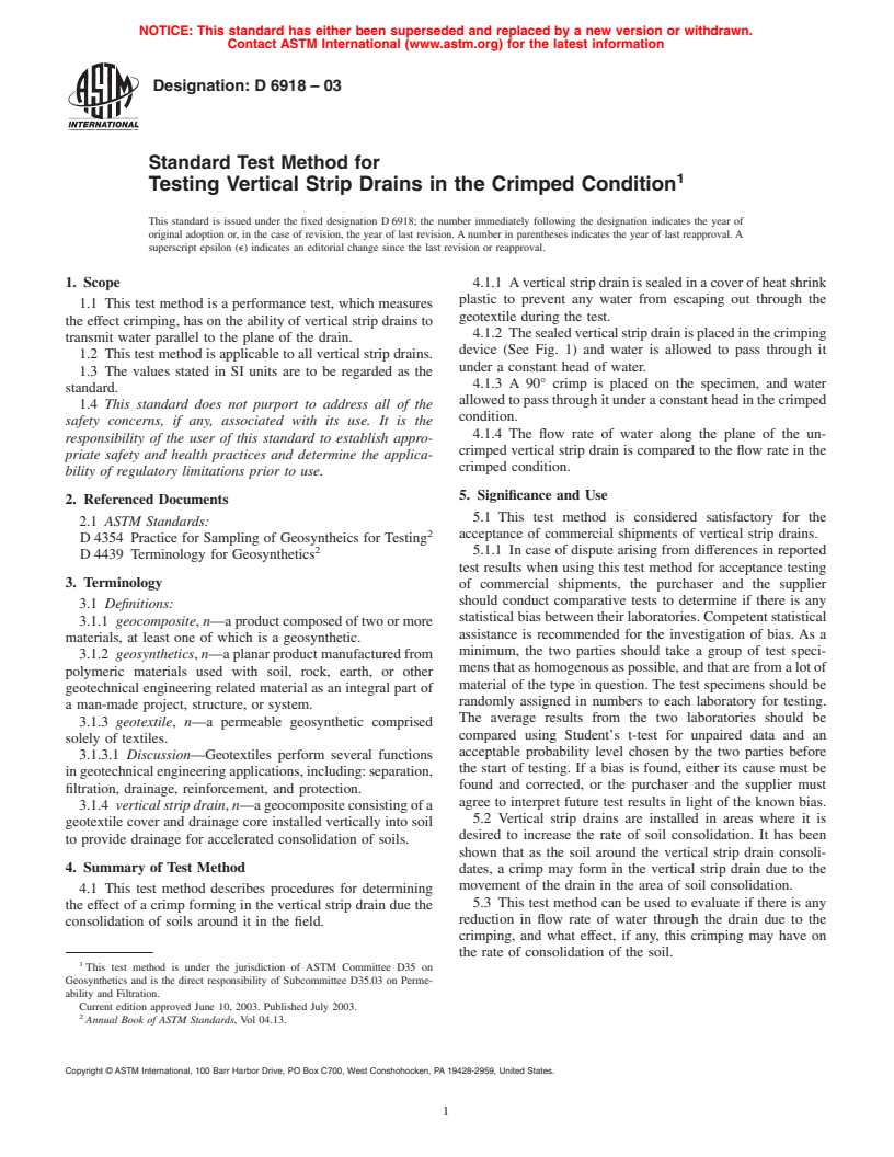 ASTM D6918-03 - Standard Test Method for Testing Vertical Strip Drains in the Crimped Condition