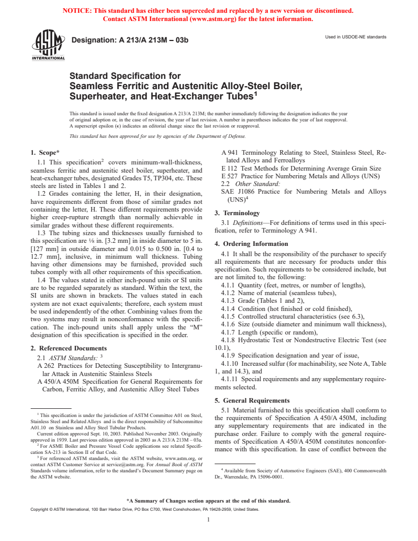 ASTM A213/A213M-03b - Standard Specification for Seamless Ferritic and Austenitic Alloy-Steel Boiler, Superheater, and Heat-Exchanger Tubes
