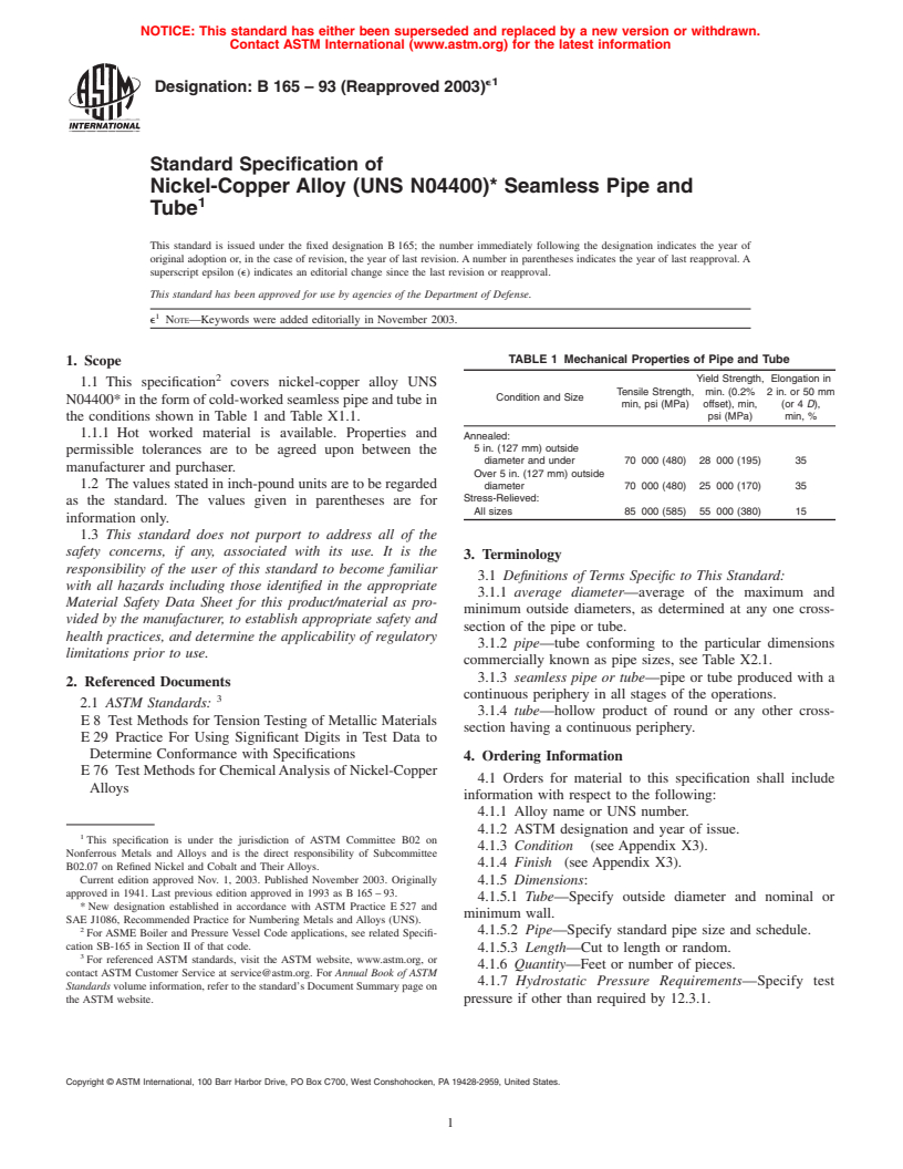 ASTM B165-93(2003)e1 - Standard Specification for Nickel-Copper Alloy (UNS N04400)* Seamless Pipe and Tube