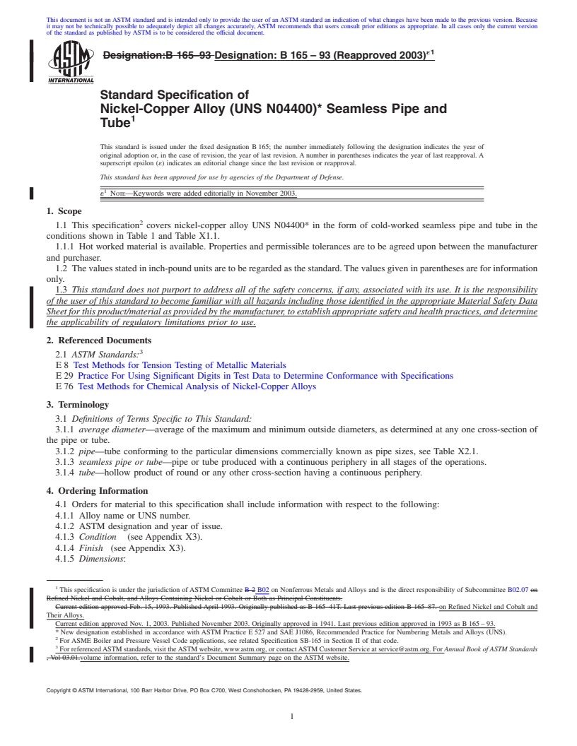 REDLINE ASTM B165-93(2003)e1 - Standard Specification for Nickel-Copper Alloy (UNS N04400)* Seamless Pipe and Tube