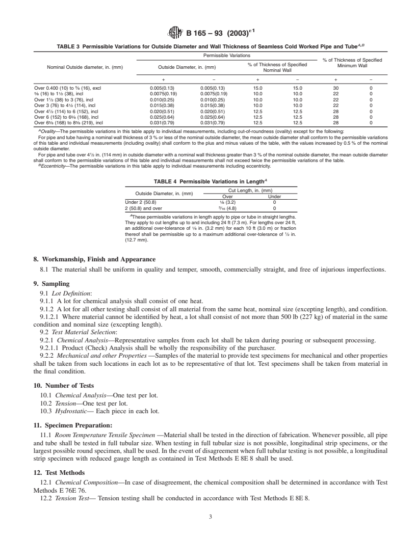 REDLINE ASTM B165-93(2003)e1 - Standard Specification for Nickel-Copper Alloy (UNS N04400)* Seamless Pipe and Tube