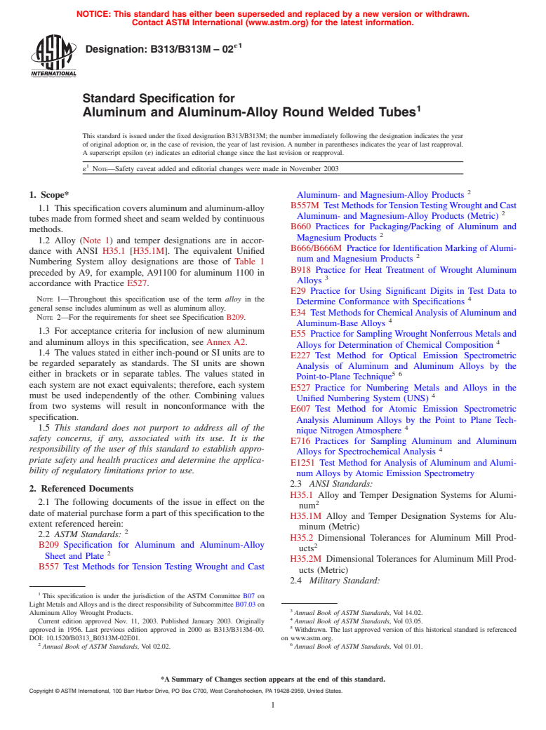 ASTM B313/B313M-02e1 - Standard Specification for Aluminum and Aluminum-Alloy Round Welded Tubes