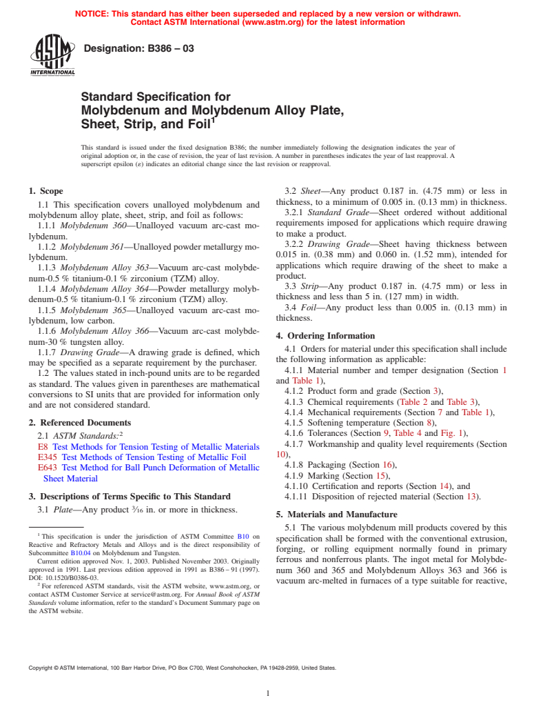 ASTM B386-03 - Standard Specification for Molybdenum and Molybdenum Alloy Plate, Sheet, Strip, and Foil