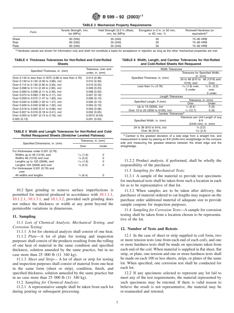 ASTM B599-92(2003)e1 - Standard Specification for Nickel-Iron-Chromium-Molybdenum-Columbium Stabilized Alloy (UNS N08700) Plate, Sheet, and Strip