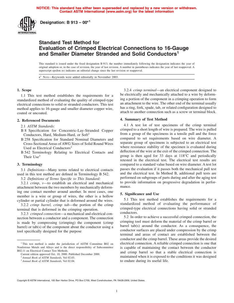 ASTM B913-00e1 - Standard Test Method for Evaluation of Crimped Electrical Connections to 16-Gauge and Smaller Diameter Stranded and Solid Conductors