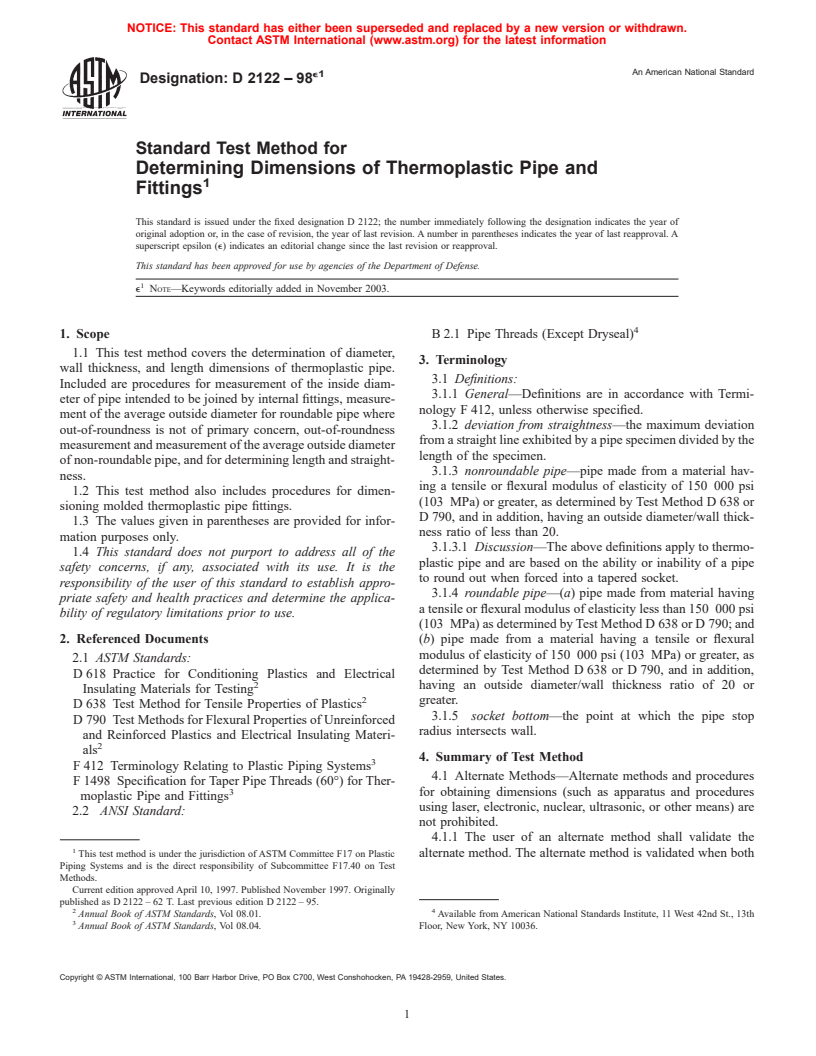 ASTM D2122-98e1 - Standard Test Method for Determining Dimensions of Thermoplastic Pipe and Fittings