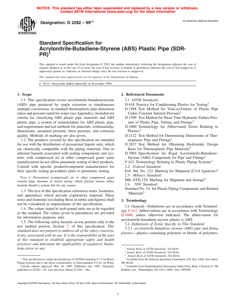 ASTM D2282-99e1 - Standard Specification for Acrylonitrile-Butadiene-Styrene (ABS) Plastic Pipe (SDR-PR)