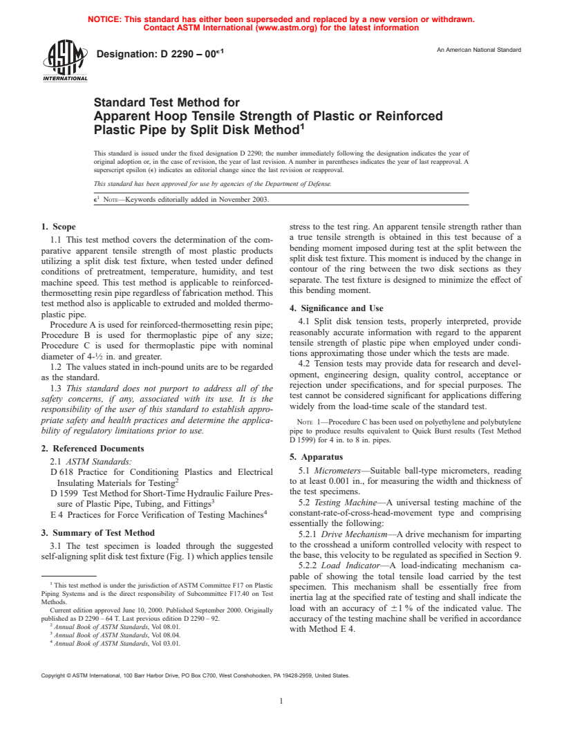 ASTM D2290-00e1 - Standard Test Method for Apparent Hoop Tensile Strength of Plastic or Reinforced Plastic Pipe by Split Disk Method