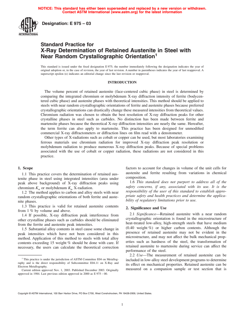 ASTM E975-03 - Standard Practice for X-Ray Determination of Retained Austenite in Steel with Near Random Crystallographic Orientation