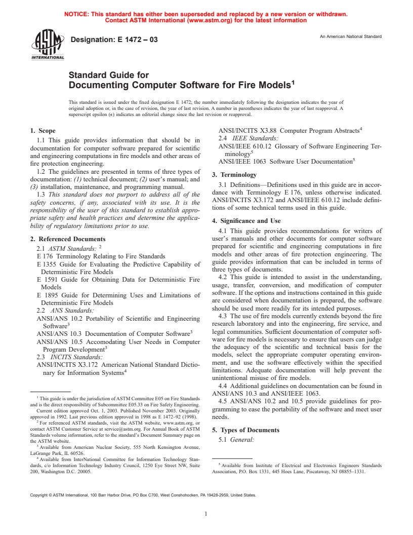 ASTM E1472-03 - Standard Guide for Documenting Computer Software for Fire Models