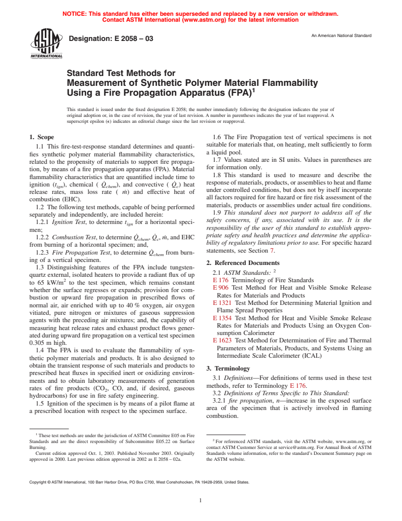 ASTM E2058-03 - Standard Test Methods for Measurement of Synthetic Polymer Material Flammability Using a Fire Propagation Apparatus (FPA)