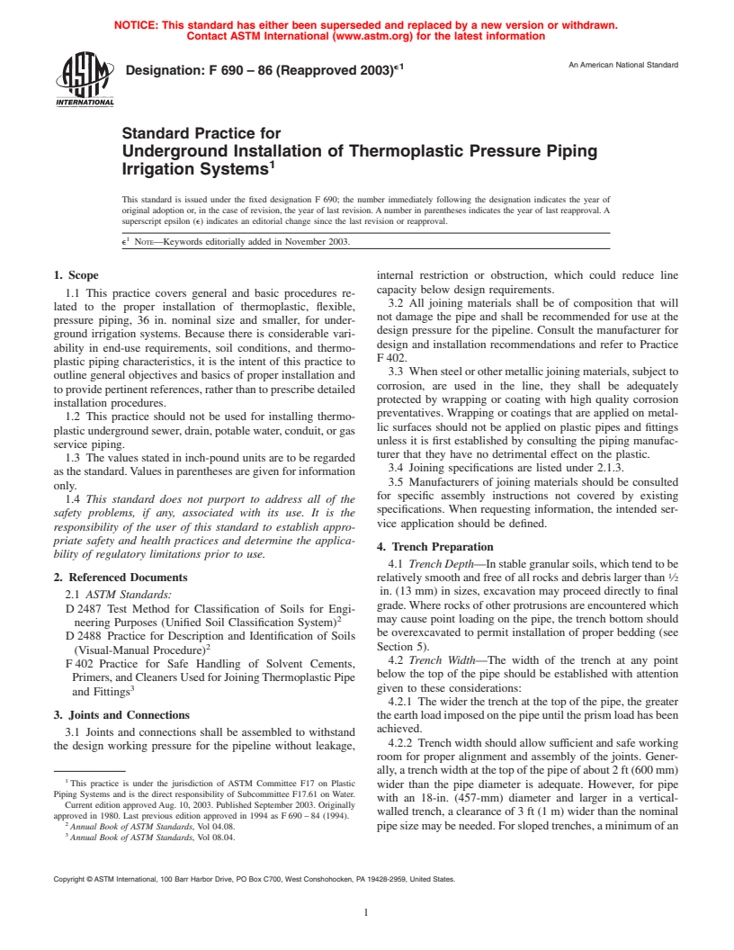ASTM F690-86(2003)e1 - Standard Practice for Underground Installation of Thermoplastic Pressure Piping Irrigation Systems