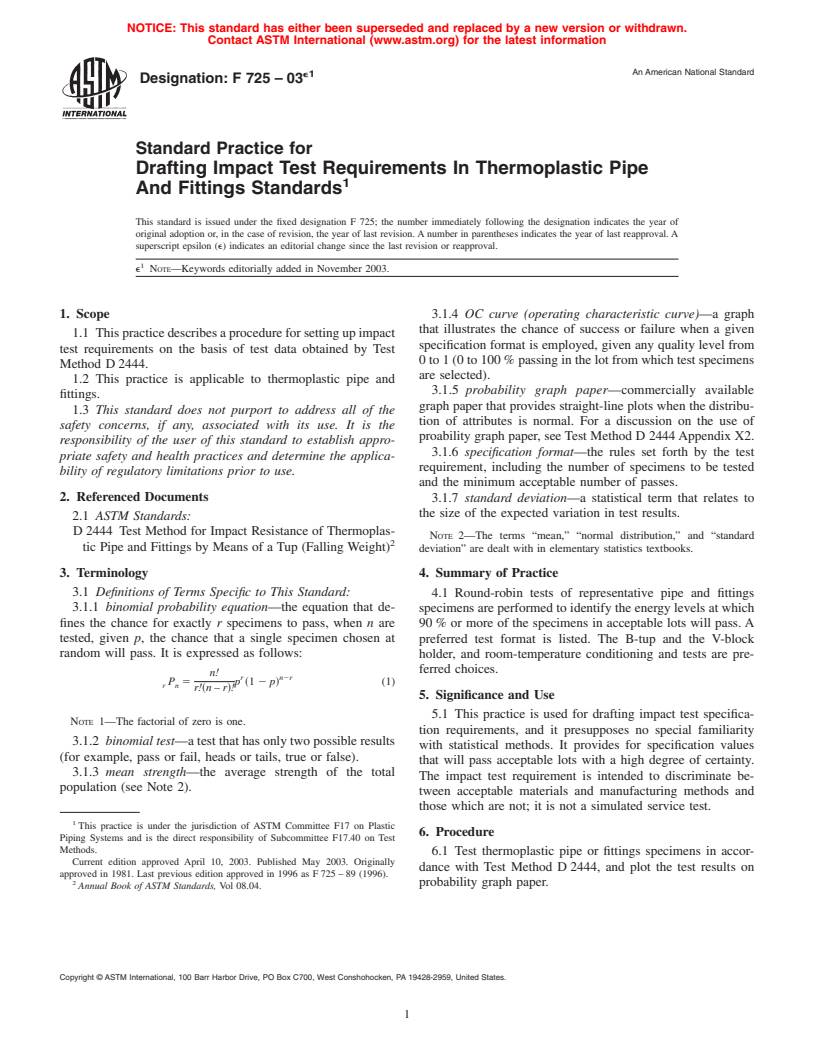 ASTM F725-03e1 - Standard Practice for Drafting Impact Test Requirements In Thermoplastic Pipe And Fittings Standards