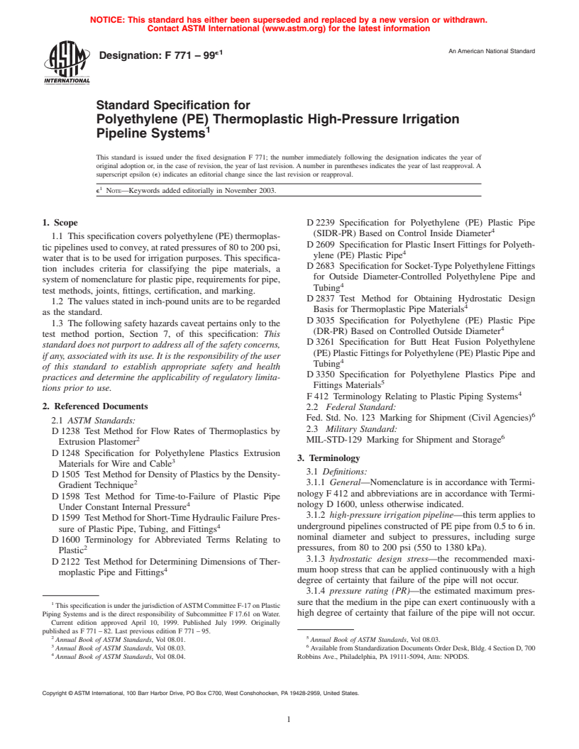 ASTM F771-99e1 - Standard Specification for Polyethylene (PE) Thermoplastic High-Pressure Irrigation Pipeline Systems