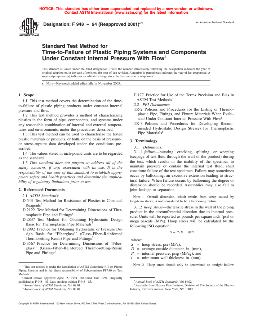 ASTM F948-94(2001)e1 - Standard Test Method for Time-to-Failure of Plastic Piping Systems and Components Under Constant Internal Pressure With Flow