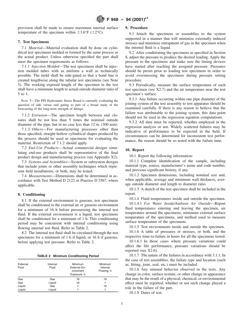 ASTM F948-94(2001)e1 - Standard Test Method for Time-to-Failure of Plastic Piping Systems and Components Under Constant Internal Pressure With Flow