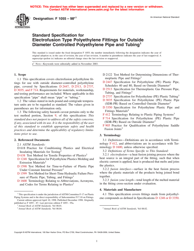 ASTM F1055-98e1 - Standard Specification for Electrofusion Type Polyethylene Fittings for Outside Diameter Controlled Polyethylene Pipe and Tubing