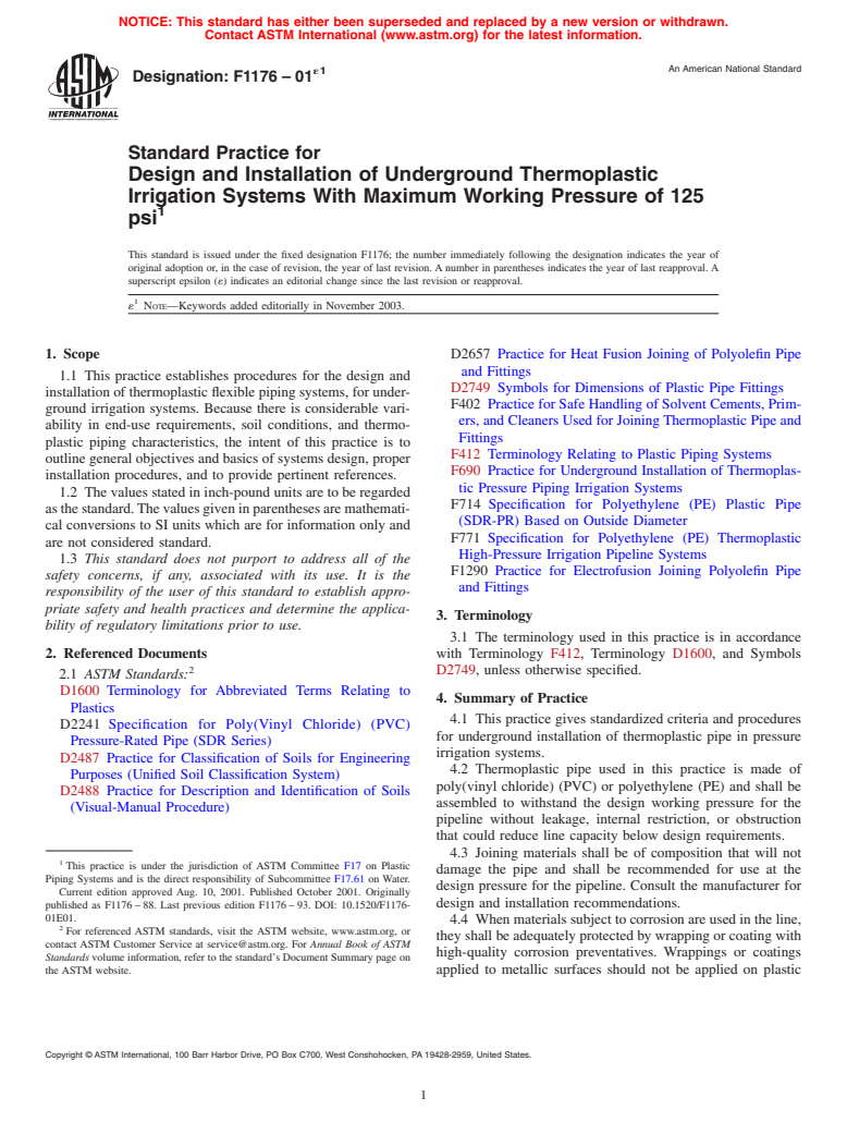 ASTM F1176-01e1 - Standard Practice for Design and Installation of Underground Thermoplastic Irrigation Systems With Maximum Working Pressure of 125 psi (Withdrawn 2010)