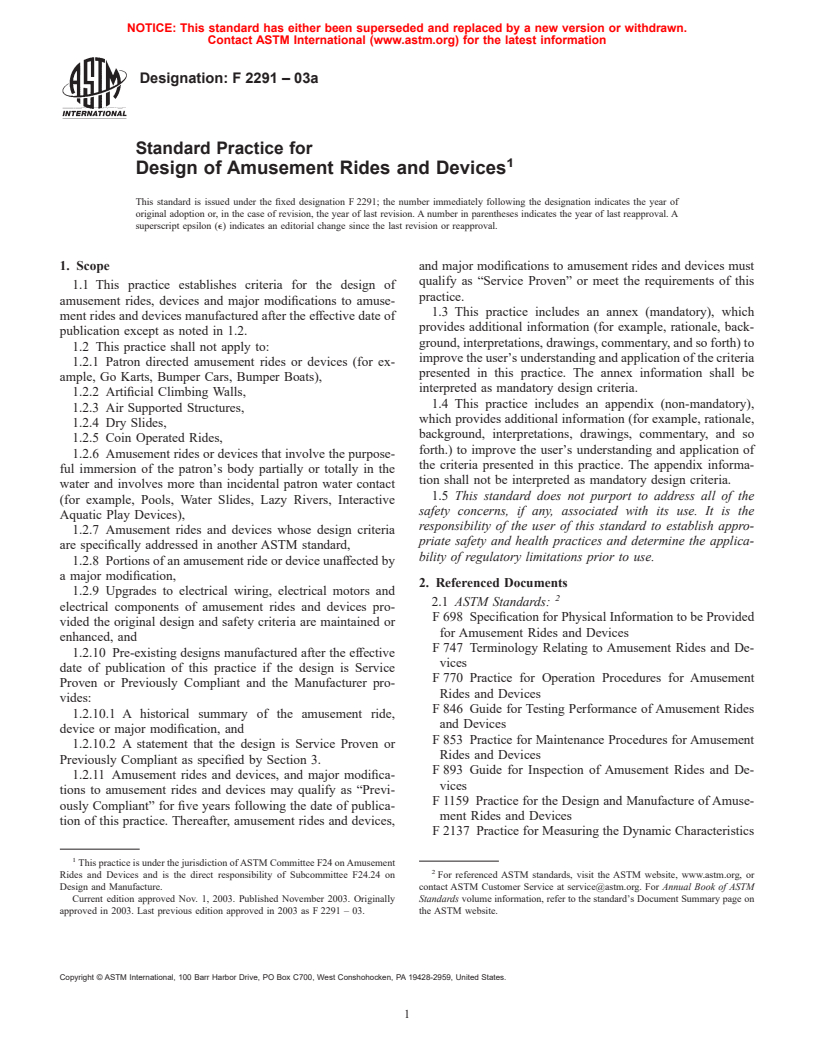 ASTM F2291-03a - Standard Practice for Design of Amusement Rides and Devices