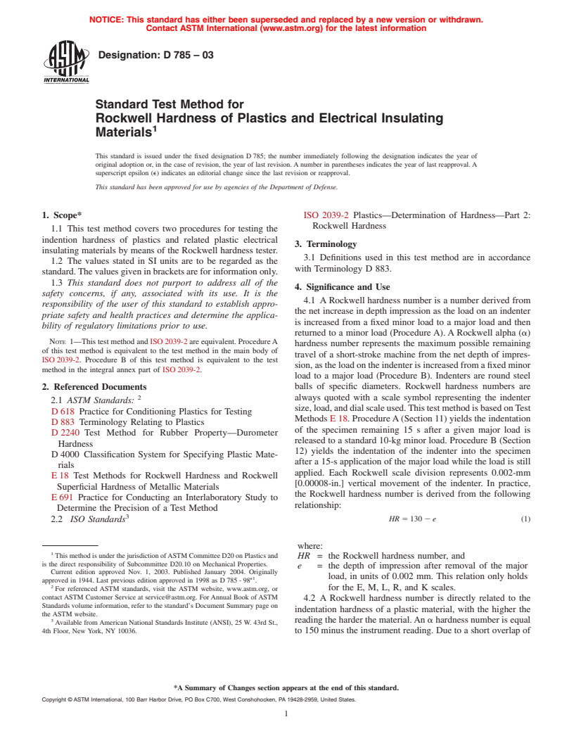 ASTM D785-03 - Standard Test Method for Rockwell Hardness of Plastics and Electrical Insulating Materials