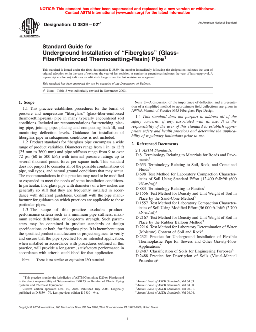 ASTM D3839-02e1 - Standard Guide for Underground Installation of "Fiberglass" (Glass-FiberReinforced Thermosetting-Resin) Pipe