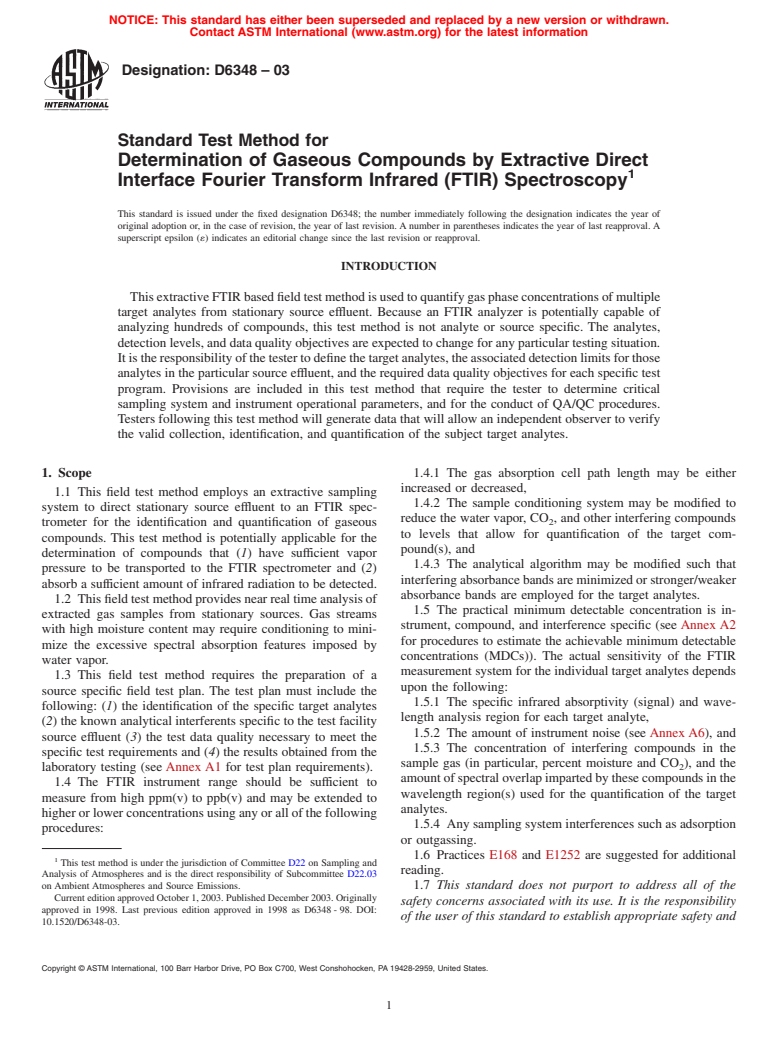 ASTM D6348-03 - Standard Test Method for Determination of Gaseous Compounds by Extractive Direct Interface Fourier Transform Infrared (FTIR) Spectroscopy