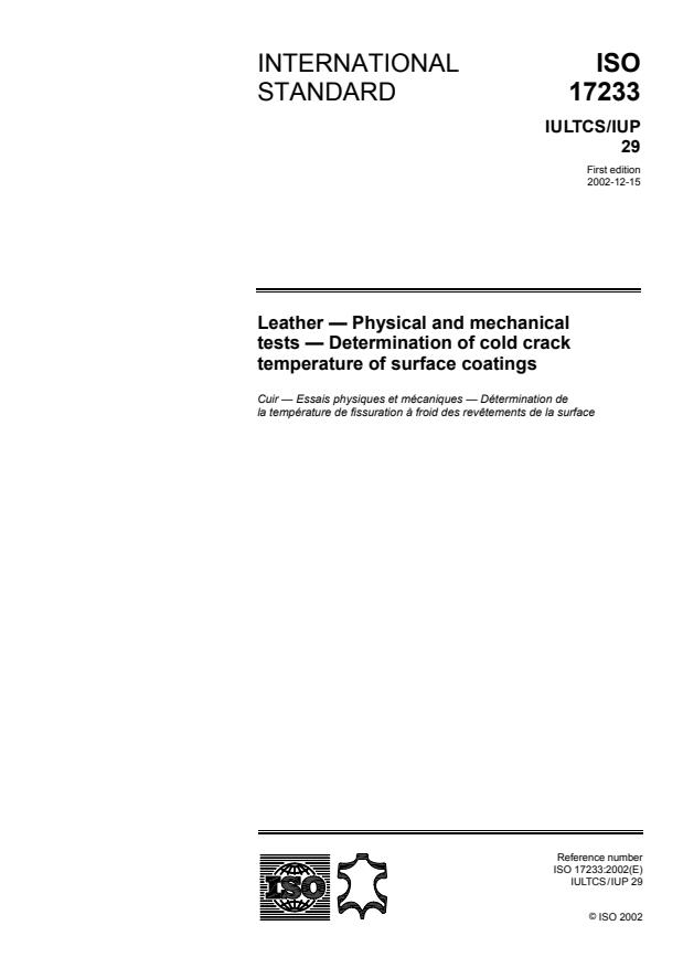 ISO 17233:2002 - Leather -- Physical and mechanical tests -- Determination of cold crack temperature of surface coatings