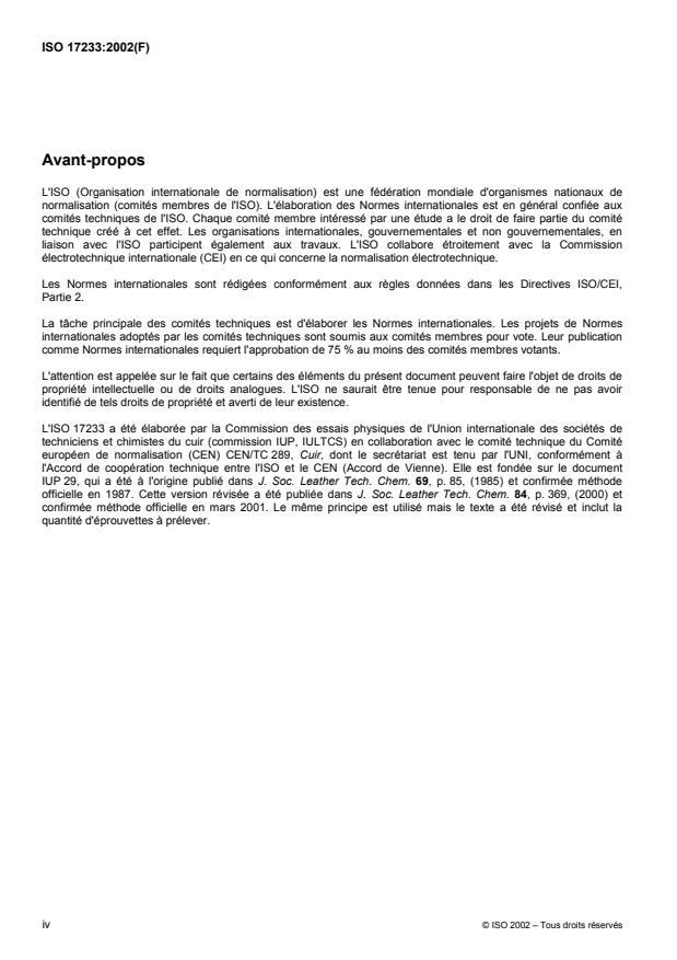 ISO 17233:2002 ISO 17233:2002 - Cuir -- Essais physiques et mécaniques -- Détermination de la température de fissuration a froid des revetements de la surface - Page 4 preview