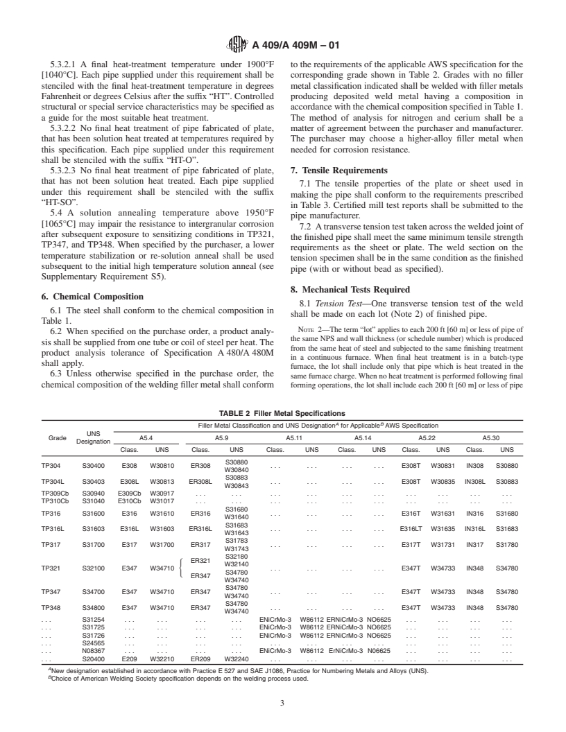 ASTM A409/A409M-01 - Standard Specification for Welded Large Diameter Austenitic Steel Pipe for Corrosive or High-Temperature Service