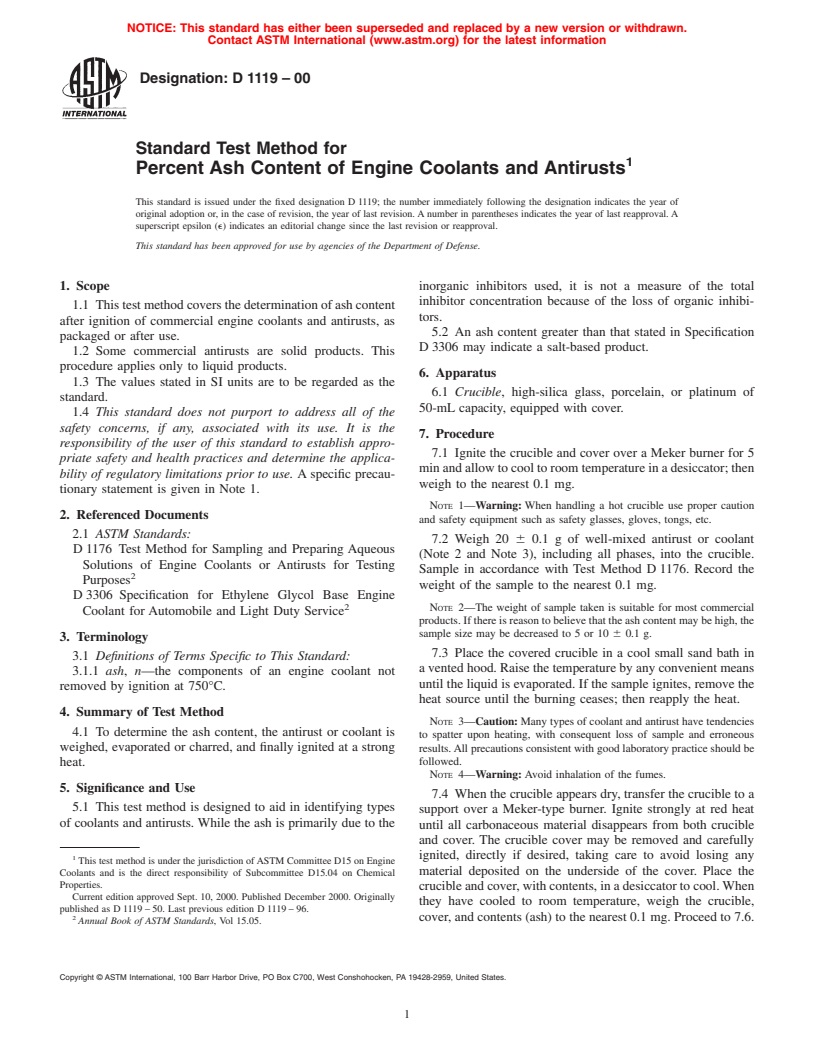 ASTM D1119-00 - Standard Test Method for Percent Ash Content of Engine Coolants and Antirusts