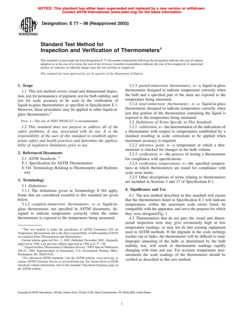 ASTM E77-98(2003) - Standard Test Method for Inspection and Verification of Thermometers