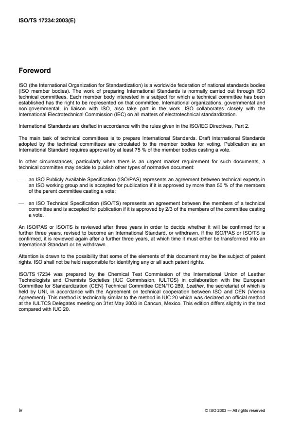 ISO/TS 17234:2003 ISO/TS 17234:2003 - Leather -- Chemical tests -- Determination of certain azo colourants in dyed leathers - Page 4 preview