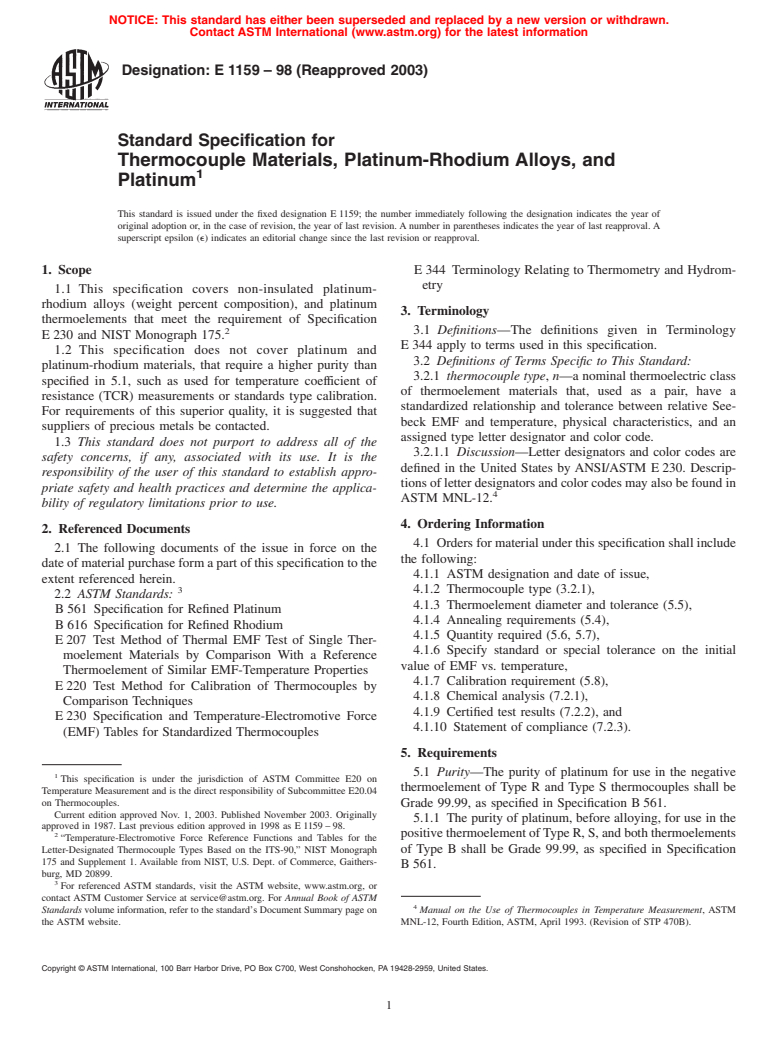 ASTM E1159-98(2003) - Standard Specification for Thermocouple Materials, Platinum-Rhodium Alloys, and Platinum