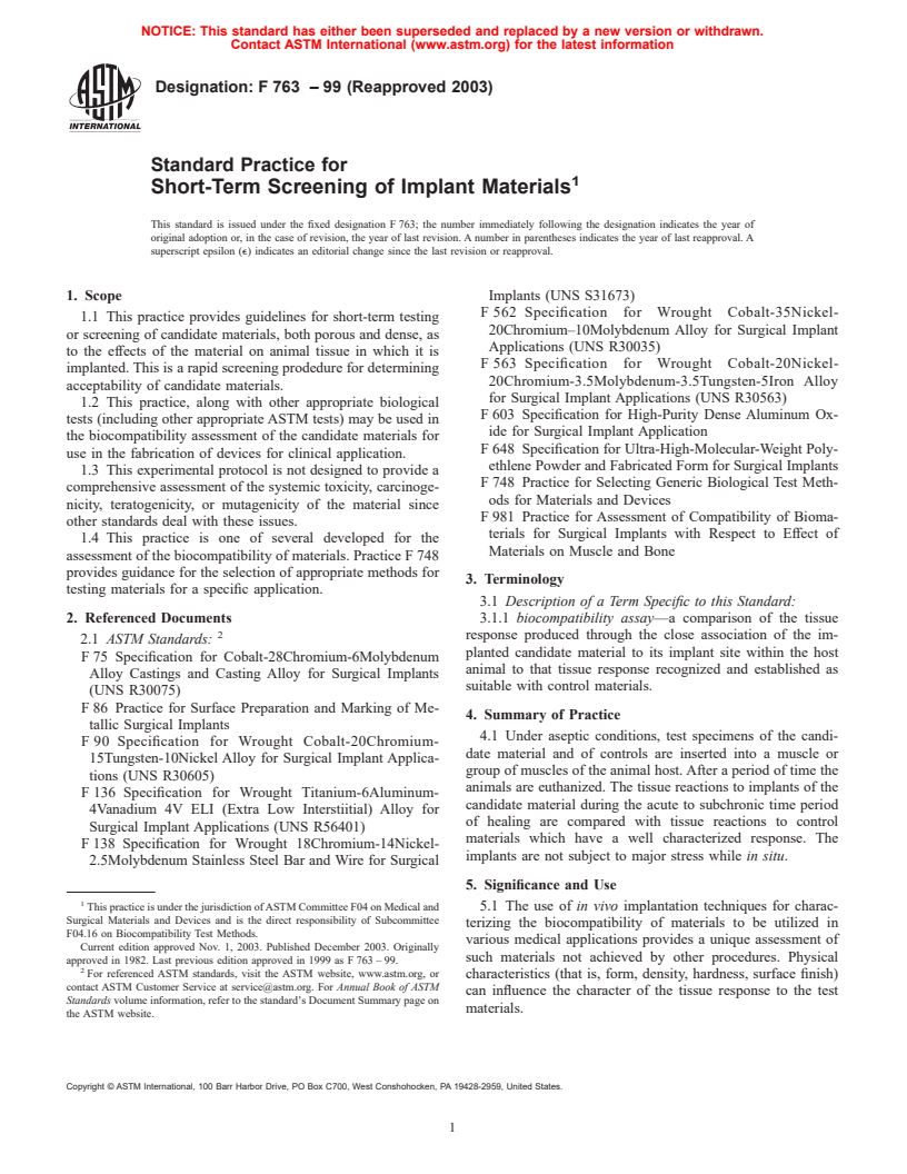 ASTM F763-99(2003) - Standard Practice for Short-Term Screening of Implant Materials