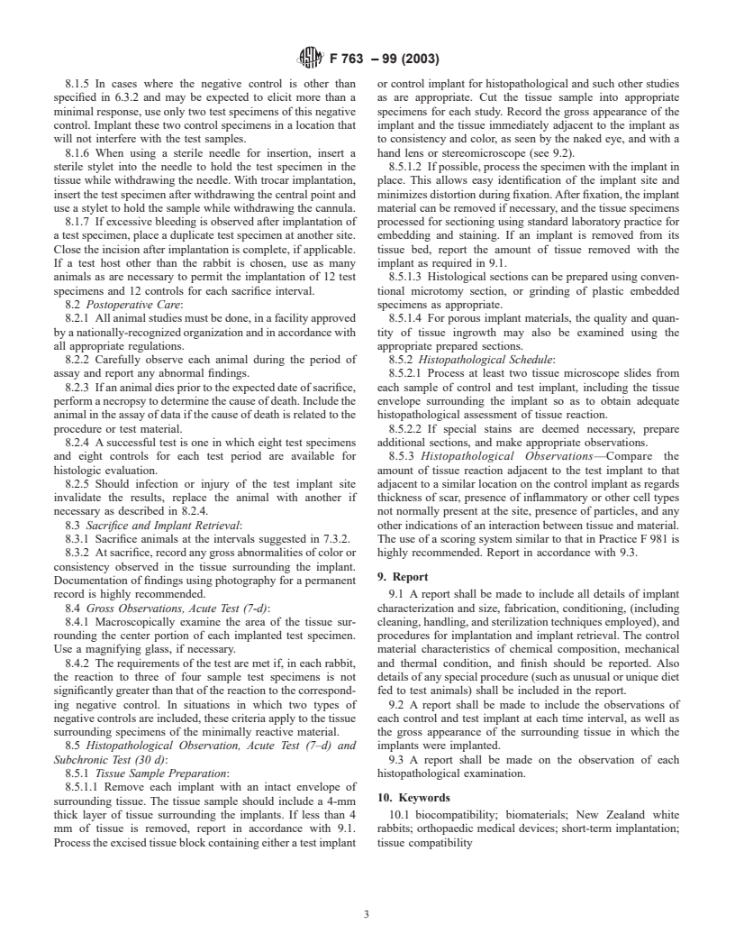 ASTM F763-99(2003) - Standard Practice for Short-Term Screening of Implant Materials