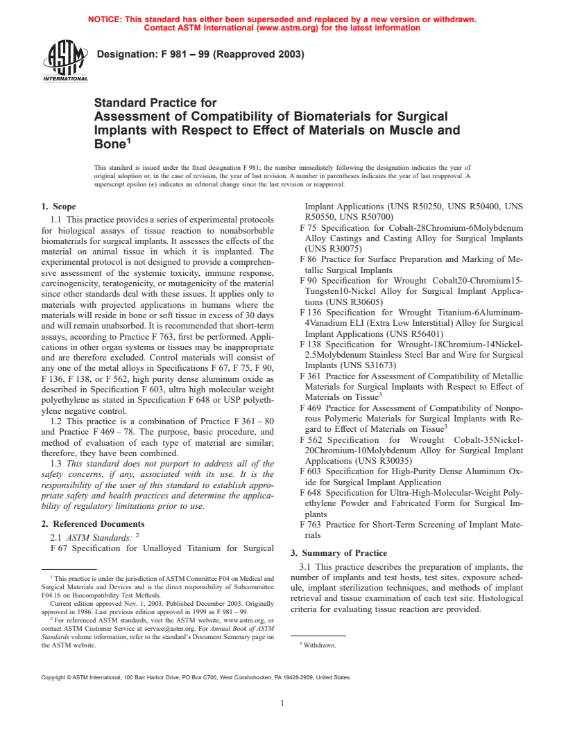 ASTM F981-99(2003) - Standard Practice for Assessment of Compatibility of Biomaterials for Surgical Implants with Respect to Effect of Materials on Muscle and Bone