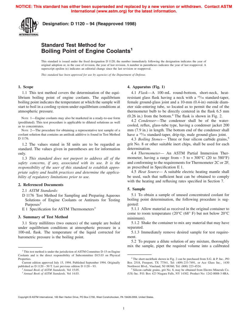 ASTM D1120-94(1998) - Standard Test Method for Boiling Point of Engine Coolants