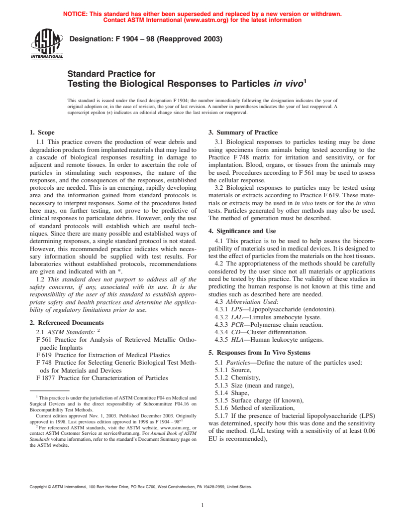 ASTM F1904-98(2003) - Standard Practice for Testing the Biological Responses to Particles In Vivo