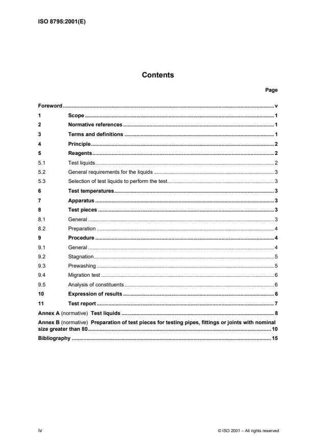 ISO 8795:2001 ISO 8795:2001 - Plastics piping systems for the transport of water intended for human consumption -- Migration assessment -- Determination of migration values of plastics pipes and fittings and their joints - Page 4 preview
