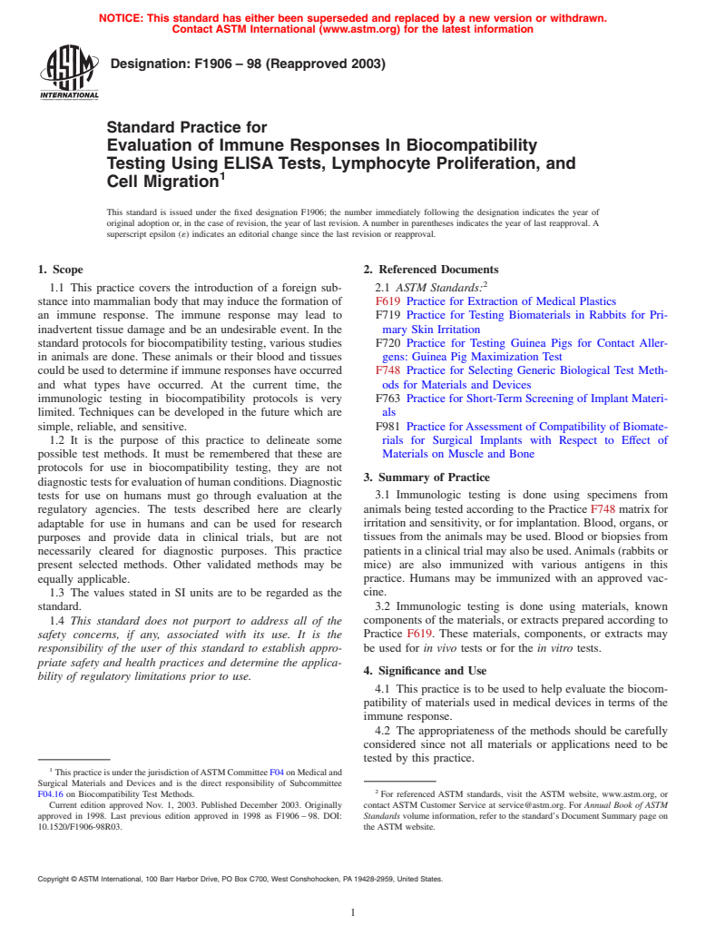 ASTM F1906-98(2003) - Standard Practice for Evaluation of Immune Responses In Biocompatibility Testing Using ELISA Tests, Lymphocyte, Proliferation, and Cell Migration (Withdrawn 2011)