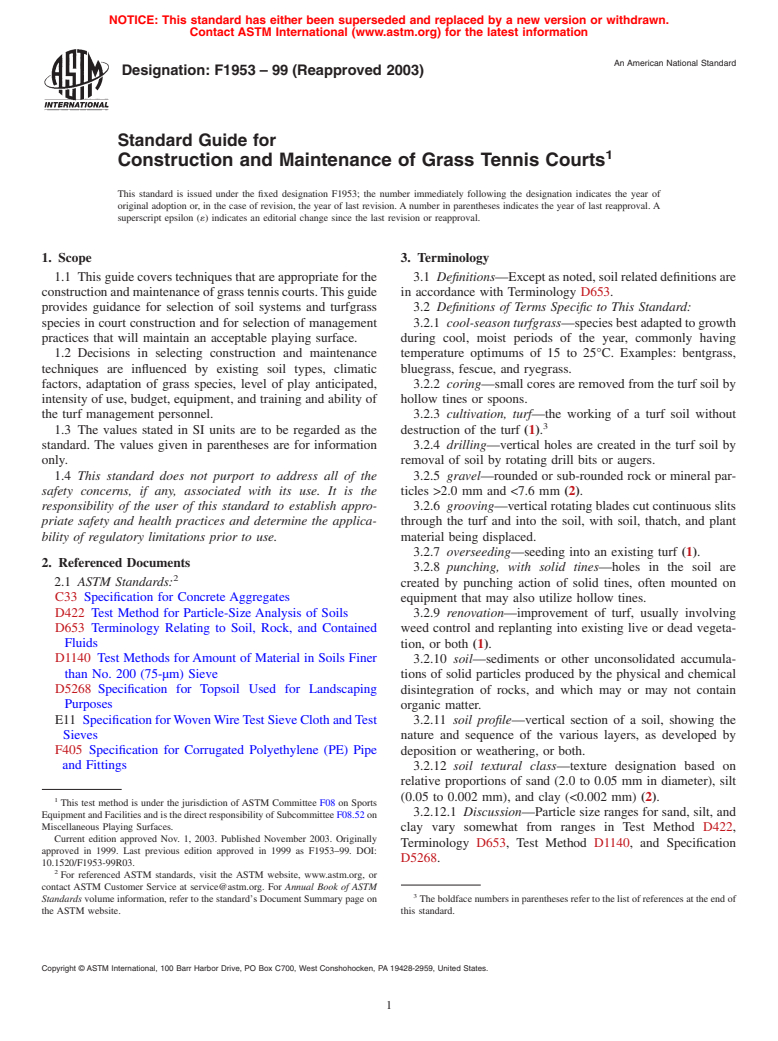 ASTM F1953-99(2003) - Standard Guide for Construction and Maintenance of Grass Tennis Courts