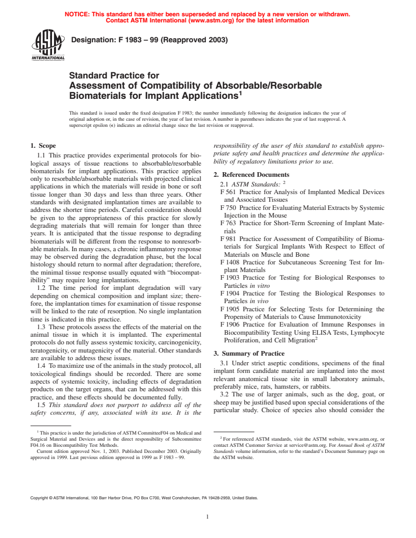 ASTM F1983-99(2003) - Standard Practice for Assessment of Compatibiltiy of Absorbable/Resorbable Biomaterials for Implant Applications