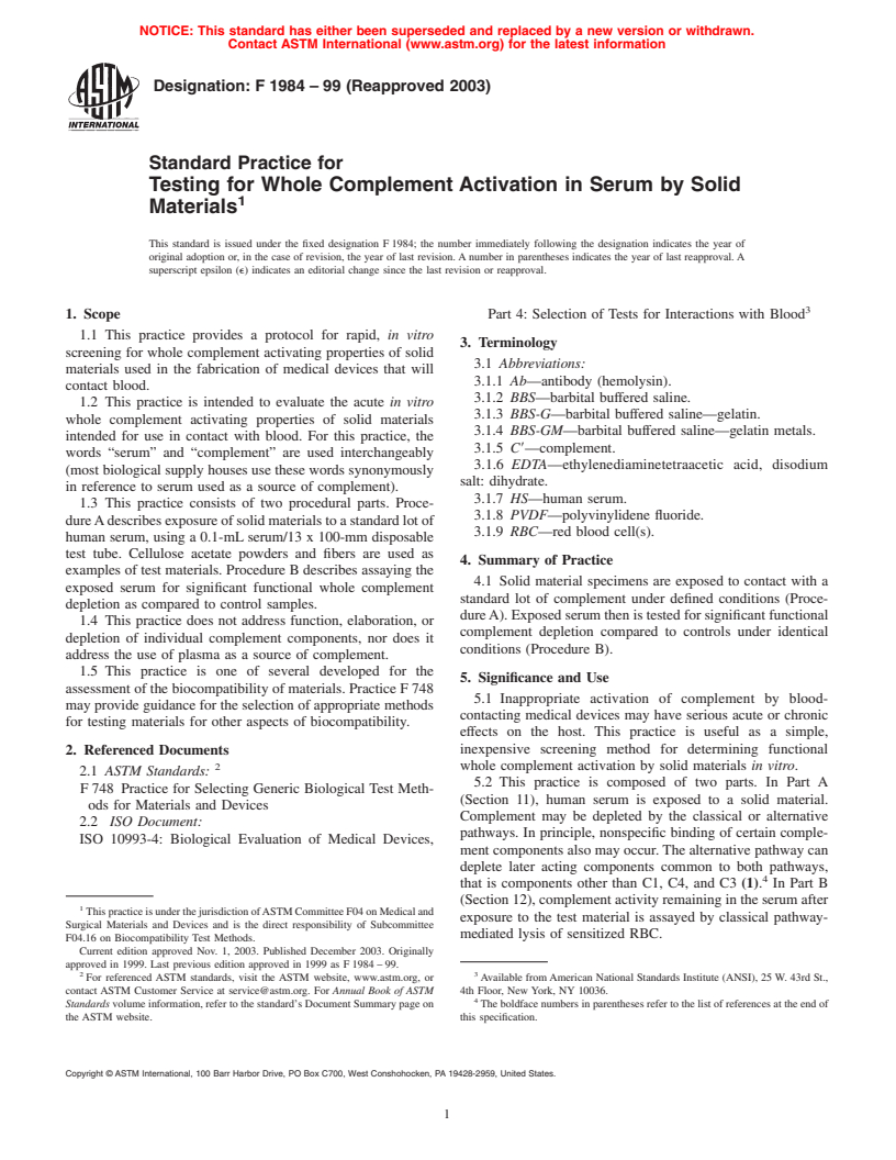 ASTM F1984-99(2003) - Standard Practice for Testing for Whole Complement Activation in Serum by Solid Materials