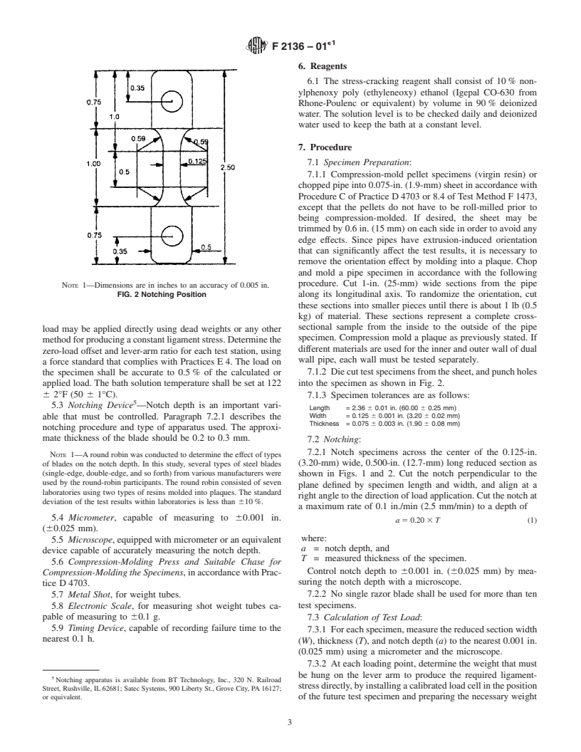 ASTM F2136-01e1 - Standard Test Method for Notched, Constant Ligament-Stress (NCLS) Test to Determine Slow-Crack-Growth Resistance of HDPE Resins or HDPE Corrugated Pipe