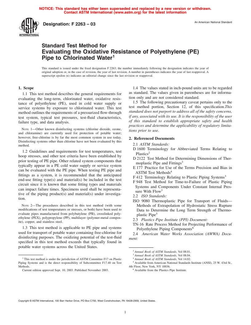 ASTM F2263-03 - Standard Test Method for Evaluating the Oxidative Resistance of Polyethylene (PE) Pipe to Chlorinated Water