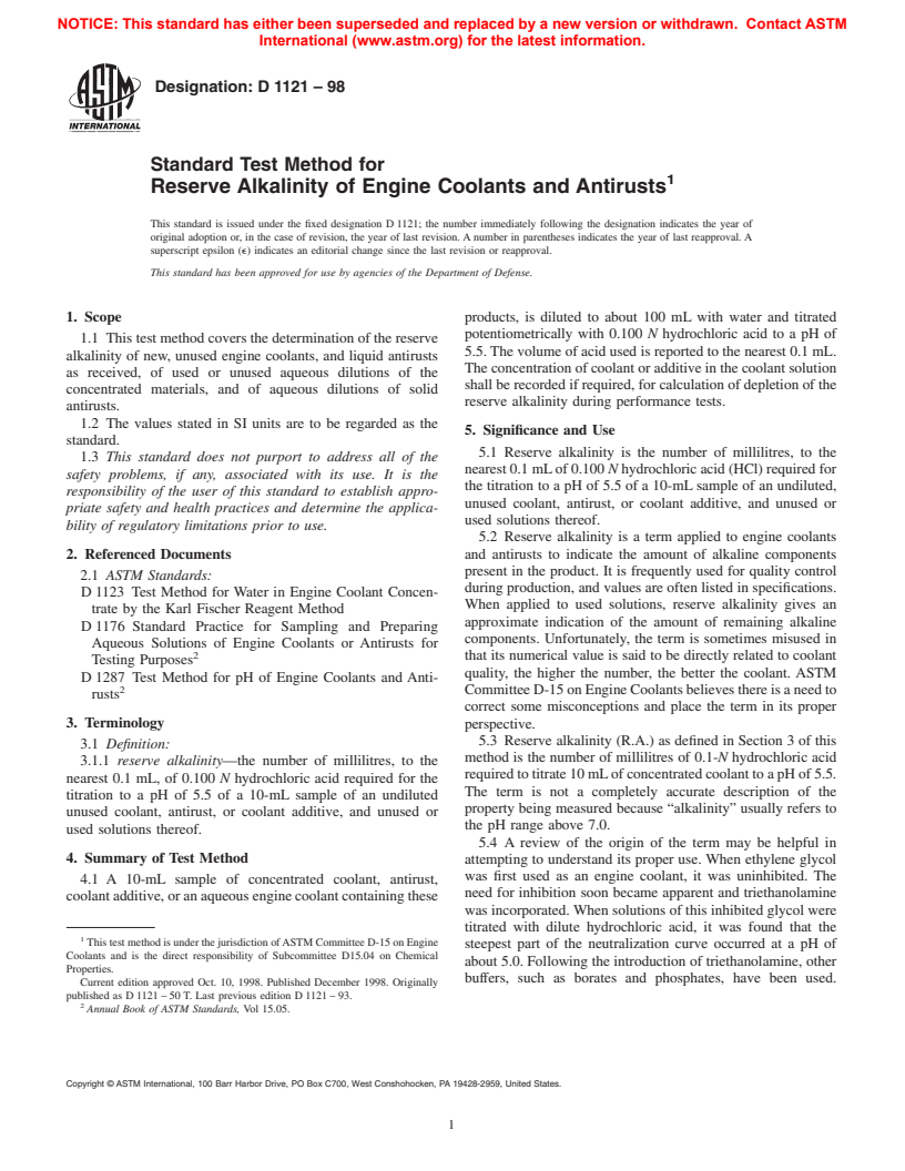 ASTM D1121-98 - Standard Test Method for Reserve Alkalinity of Engine Coolants and Antirusts