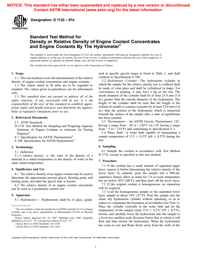 ASTM D1122-97a - Standard Test Method for Density or Relative Density of Engine Coolant Concentrates and Engine Coolants By The Hydrometer