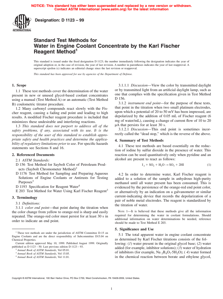 ASTM D1123-99 - Standard Test Methods for Water in Engine Coolant Concentrate by the Karl Fischer Reagent Method