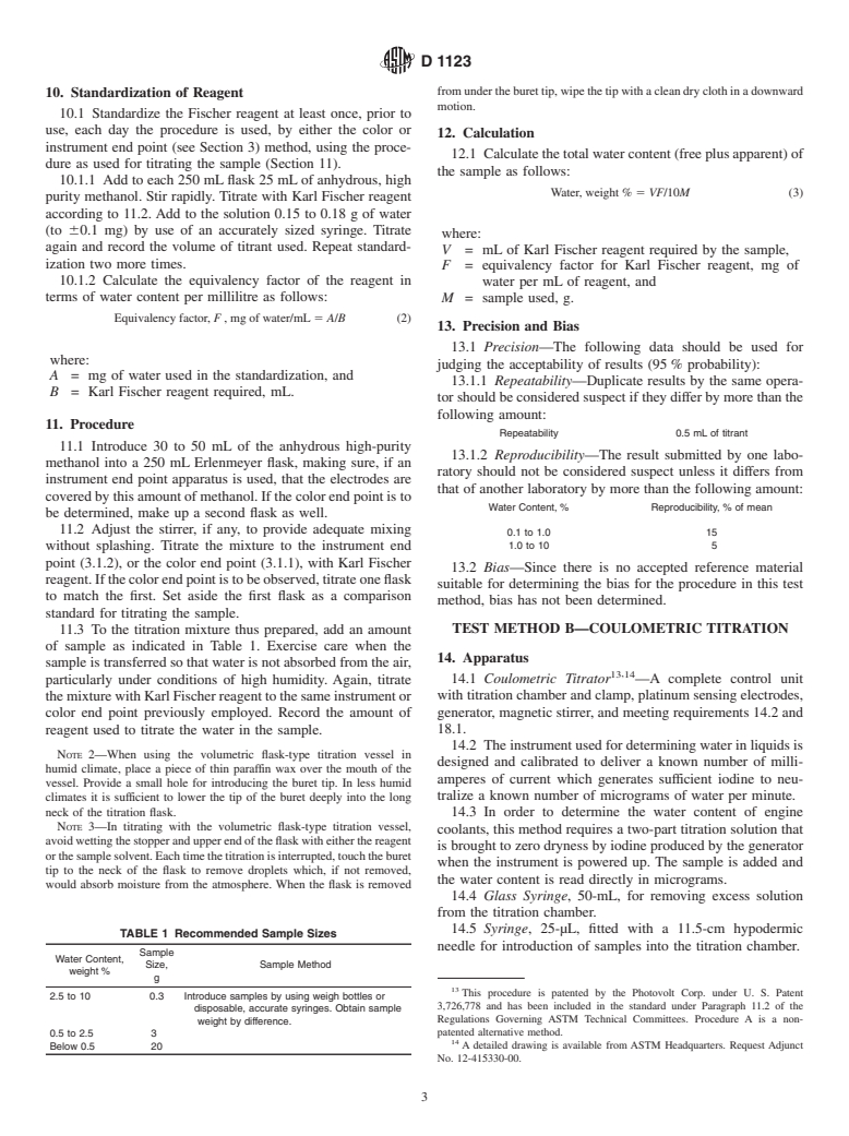 ASTM D1123-99 - Standard Test Methods for Water in Engine Coolant Concentrate by the Karl Fischer Reagent Method